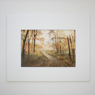 Autumn Path Through Trees, Bright Sunlight, Original, Hand-painted Watercolor, 5x7