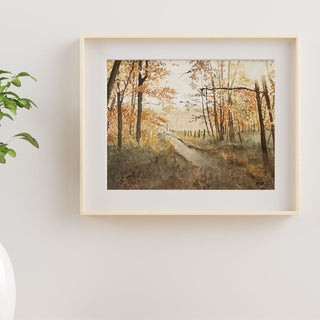 Autumn Path Through Trees, Bright Sunlight, Original, Hand-painted Watercolor, 5x7
