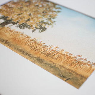 Autumn Tree, Blue Sky, Orange Grass Original, Hand-Painted Watercolor, 5x7