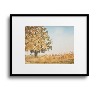 Autumn Tree, Blue Sky, Orange Grass Original, Hand-Painted Watercolor, 5x7