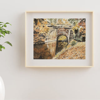Autumn Bridge Landscape Original, Hand-Painted Watercolor