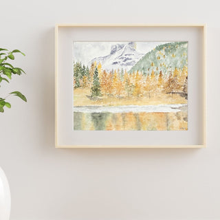 Fall Mountain Lake Landscape Original Watercolor Painting, 5x7