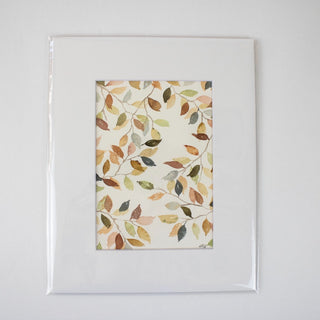 photo of hand-painted watercolor of fall leaves on paper, matted and bagged, ready to ship