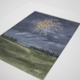 Sparkly Fireworks over Nighttime Field Landscape, Original, Hand-painted Watercolor, 5x7