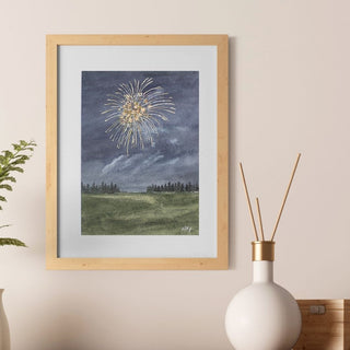 Sparkly Fireworks over Nighttime Field Landscape, Original, Hand-painted Watercolor, 5x7