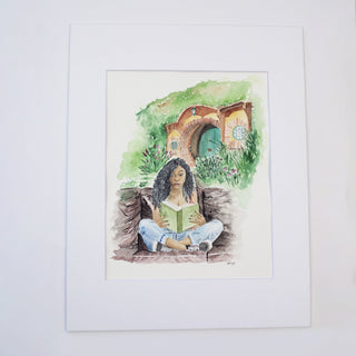 Woman Reading with Hobbit House. 8x10 ORIGINAL Watercolor. Book Lovers Collection.