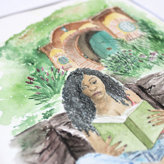 Woman Reading with Hobbit House. 8x10 ORIGINAL Watercolor. Book Lovers Collection.