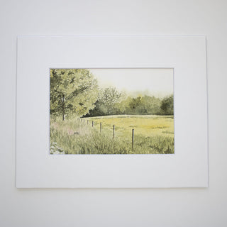 Grassy Field Fence Trees Landscape Watercolor Art Print
