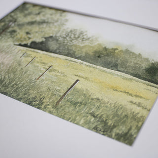 Grassy Meadow, Trees, Fence, Flowers Landscape Original, Hand-Painted Watercolor, 5x7