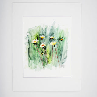 White Flowers on Green Grassy Background Watercolor Giclee Art Print