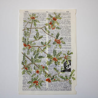 Holly on Vintage Dictionary Paper, Hand-Painted Watercolor Art on Old Paper