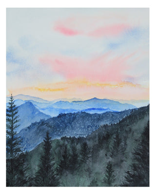 Smokey Mountain Sunset Giclee Art Print, Watercolor Mountain Sunset Landscape Art Print