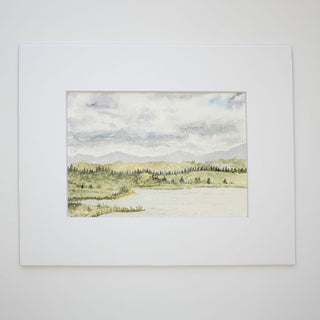 Cloudy Sky, Lake, Muted Tones Landscape Watercolor Art Print