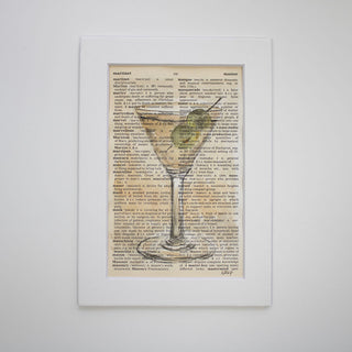 Martini on Dictionary Pages, Original, Hand-Painted Watercolor, 4x6