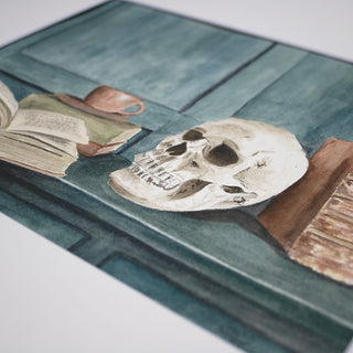 Moody Book Themed Watercolor, Hand-Painted Skull Open Book, Blue, 8x10