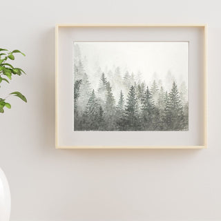 Moody, Foggy Pine Tree Watercolor Landscape, Original, Hand-Painted Watercolor
