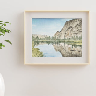 Mountain Lake Hand-Painted Watercolor Landscape, Green Grass, Blue Sky, Reflections, 5x7