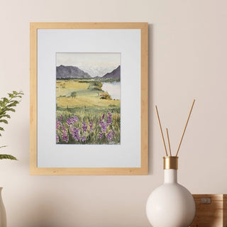 Mountain Landscape with Purple Flowers, Original, Hand-Painted Watercolor, 5x7