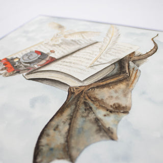 Open Book with Dragon, Train, Owl and Quill coming alive. 8x10 ORIGINAL. Book Lovers Collection.