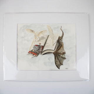 Open Book with Dragon, Train, Owl and Quill coming alive. 8x10 ORIGINAL. Book Lovers Collection.