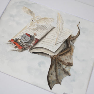 Open Book with Dragon, Train, Owl and Quill coming alive. 8x10 ORIGINAL. Book Lovers Collection.