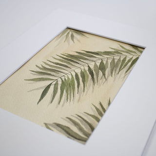 Palm Leaves with Shadows on Yellow Background, Original, Hand-Painted Watercolor, 5x7