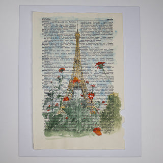 Paris Eiffer Tower with Flowers on French Dictionary Pages, Original Hand-Painted Watercolor