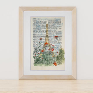 Paris Eiffer Tower with Flowers on French Dictionary Pages, Original Hand-Painted Watercolor