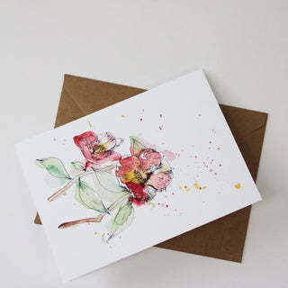 Red Flower Ink and Wash Watercolor Style Greeting Card