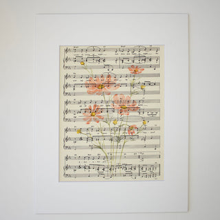 Pink Cosmos on Sheet Music Watercolor Art Print, Floral Art Print, 8x10