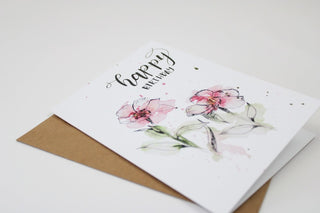 Happy Birthday Pink Floral Ink and Wash Splatter Watercolor Greeting Card