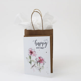 Happy Birthday Pink Floral Ink and Wash Splatter Watercolor Greeting Card