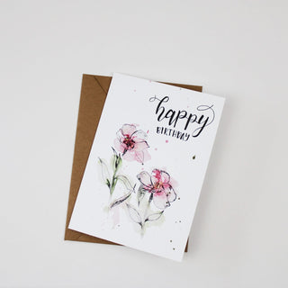 Happy Birthday Pink Floral Ink and Wash Splatter Watercolor Greeting Card