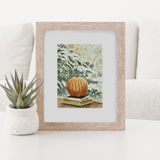 Fall Pumpkin, Book Stack, Snowy Pine Window 5x7 ORIGINAL Watercolor