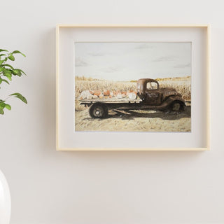 Rusted Truck, Pumpkins, Corn Field Fall Watercolor Art Print, Autumn Art Print PRE-ORDER