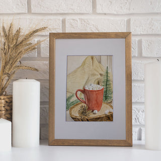 Cozy Cocoa in Red Mug, Wood Slice and Pinecone Watercolor Art Print