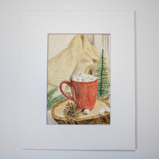 Cozy Cocoa in Red Mug, Wood Slice and Pinecone Watercolor Art Print