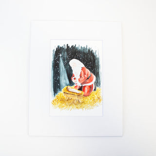 Santa Kneeling over Baby Jesus Giclee Fine Art Print