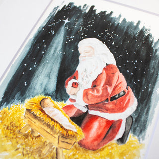 Santa Kneeling over Baby Jesus Giclee Fine Art Print