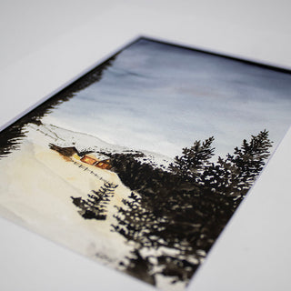 Snowy Night Cabin Glow Watercolor Art Print, Holiday Art Prints