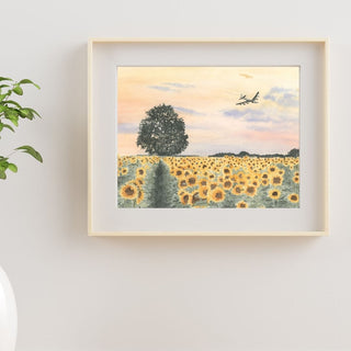 Sunflower Field, B-52 Airplane, Sunset Original, Hand-Painted Watercolor, 8x10