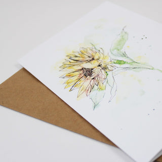 Sunflower Greeting Card, Watercolor Ink and wash sunflower design