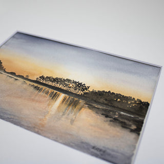 Sunset Lake Reflections Tree Sillhouette Original Hand-Painted Watercolor Landscape, 5x7