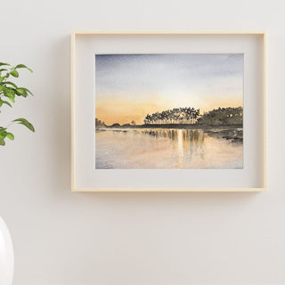 Sunset Lake Reflections Tree Sillhouette Original Hand-Painted Watercolor Landscape, 5x7