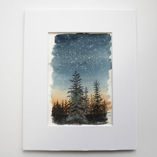 Pine Trees in Snow at Dusk Original, Hand-Painted Watercolor, 5x7