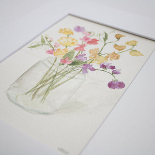 Sweet Pea Flowers in Jar, Original Hand-Painted Watercolor, 5x7