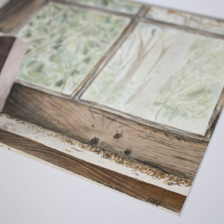 Books on Window Sill, Hand-Painted Watercolor, 8x10