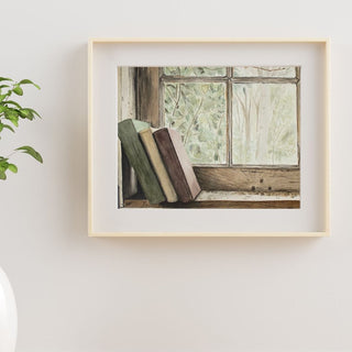Books on Window Sill, Hand-Painted Watercolor, 8x10