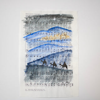 Three Wise Men Watercolor Painting on Sheet Music "O Little Town of Bethlehem," 6x9