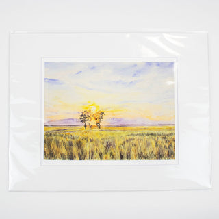 Sunset Watercolor Prairie with Trees Fine Art Print, Giclee Prints